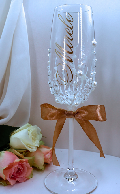 Pahar pentru șampanie - nuntă (strasuri/perle/pictura)
