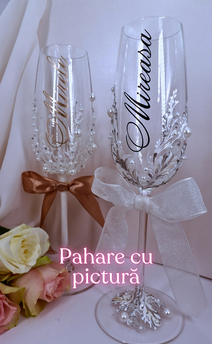 Pahar pentru șampanie - nuntă (strasuri/perle/pictura)