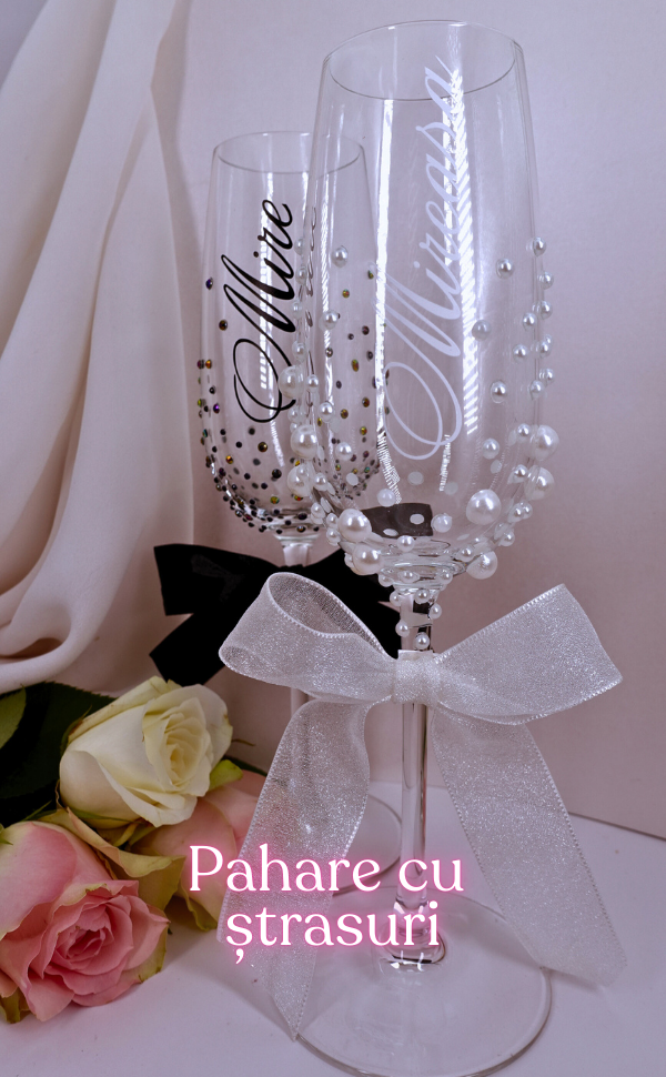 Pahar pentru șampanie - nuntă (strasuri/perle/pictura)